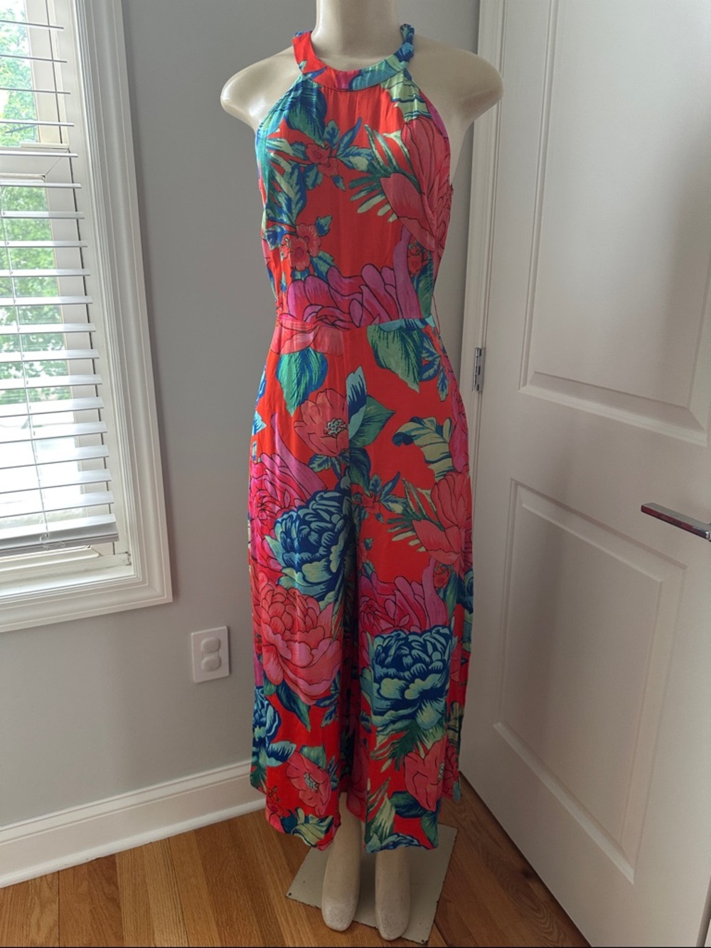 FARM Rio Red Tropical Halter Wide-Leg Jumpsuit